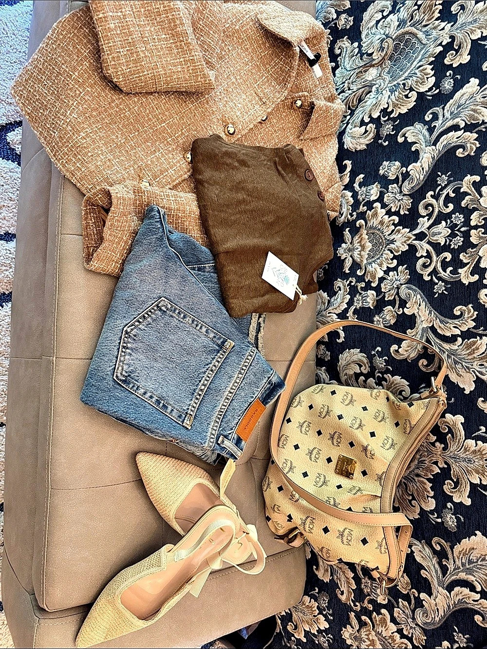 Curated Fall Luxury Outfit! MCM Monogram bag, NWT Ragdoll Jeans, Tweed Blazer, B